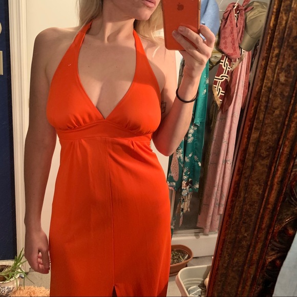 Vintage 70s Halter Plunge Maxi Dress Leg Slit S - Picture 3 of 15